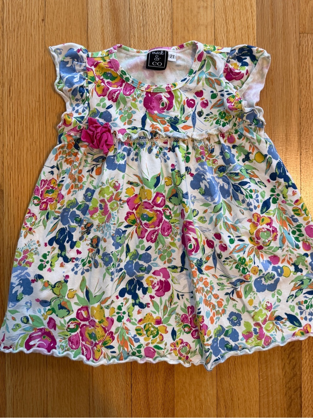 Mack & Co White Floral Flutter-Sleeve Dress in Pink & Blue